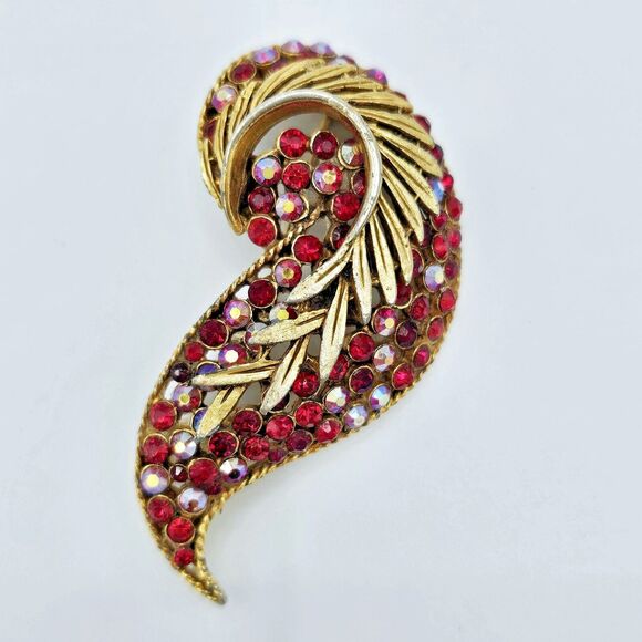 BSK Swirl Leaf Brooch Vintage Paisley Red & Red Aurora Borealis Large Estate Pin - Picture 9 of 13
